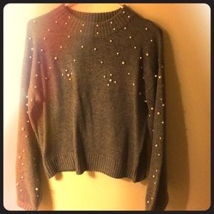 Gray mock sweater with faux pearls